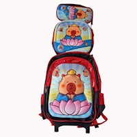 Mochila Capibara Set De 3 Piezas Alto Relieve Ruedas Y Luces