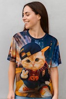 Blusa Polo Informal Con Estampado De Gatito Para Mujer - M