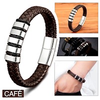 Pulsera para Hombre de Cuero y Acero Inoxidable Brazalete Café Marron