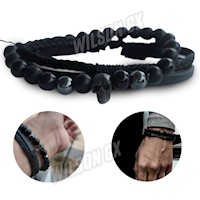 Pack Pulsera para hombre Cuero Turmalina 3 cuerdas + Craneo