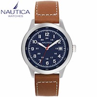 Reloj Nautica Cruise NCT 1 NAPNTI802 Para Hombre Fecha Cuero Marrón Dial Azul