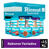 Pack Caja x15 Comida Húmeda Ricocat Varios Sabores 85gr