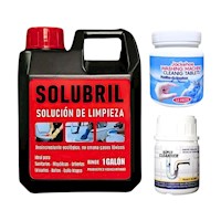 SOLUCIÓN PISOS SOLUBRIL + PASTILLA LAVADORA + DESATORADOR DE TUBERÍAS