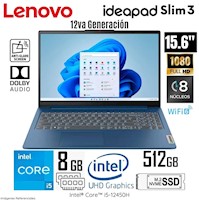 Laptop Lenovo IdeaPad Slim 3 15.6" FHD Core i5-12450H 12va Gen - 8GB RAM - 512GB SSD - Windows 11 Pro
