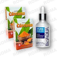 KIT 2 JABÓNES EN BARRA DE CÚRCUMA 110G Y SERUM ANTI ACNÉ BIOAQUA 30ML