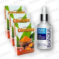 KIT 3 JABÓNES EN BARRA DE CÚRCUMA 110G Y SERUM ANTI ACNÉ BIOAQUA 30ML