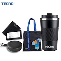 Pack viajero Tecno 4 en 1 vaso termico, parlante bluetooth, bolsa de tela y etiqueta para nombre