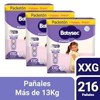 Pack 3 Pañal Bebé Babysec Packeton Premium XXG 72 un