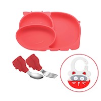 SET DE PLATO Y CUCHARAS HIPOPOTAMO DE SILICONA ROJO