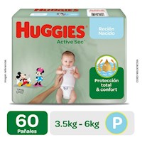 Pañal Huggies Active Sec Mega Talla P - Bolsa 60UN