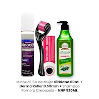 3 Minoxidil 5% de mujer kirkland 60ml + Derma Roller 0.50mm + Shampoo Romero Crecepelo  NNP520ml