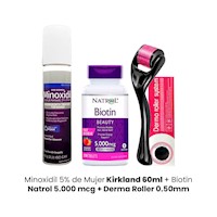 Minoxidil 5% Kirkland 60ml + Biotin Natrol 5.000mcg + Derma Roller 0.50mm
