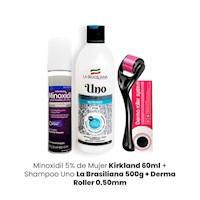 Minoxidil 5% de Mujer Kirkland 60ml + Shampoo Uno La Brasiliana 500g + Derma Roller 0.50mm