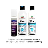 Minoxidil 5% de Mujer Kirkland 60ml + Shampoo Uno + Due - La Brasiliana 500g