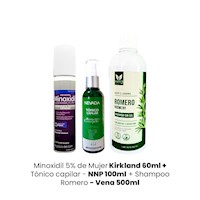 Minoxidil 5% de Mujer Kirkland 60ml + Tónico capilar - NNP 100ml + Shampoo Romero - Vena 500ml