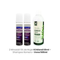 2 Minoxidil 5% de Mujer Kirkland 60ml + Shampoo Romero  Vena 500ml