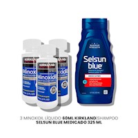 3 Minoxidil Líquido Kirkland|Shampoo Selsun Blue Medicado 325ml