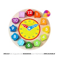 Reloj juguete de madera multicolor con números encajables