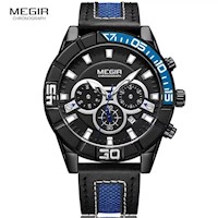 Reloj Megir Acero Negro y Cuero Negro Azul MEG-31