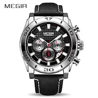 Reloj Hombre Megir Acero Plateado y Cuero Negro MEG-30