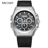 Reloj Megir Acero Plateado y Cuero Negro MEG-20