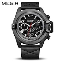 Reloj Megir Acero Negro y Cuero Negro MEG-42