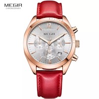 Reloj Megir Acero Oro Rosa y Cuero Rojo MEG-M-1