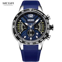 Reloj Megir Acero Plateado Negro y Silicona Azul MEG-12