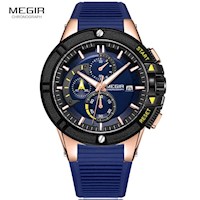 Reloj Megir Acero Oro Rosa Negro y Silicona Azul MEG-9