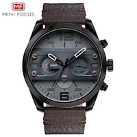 Reloj Minifocus Acero Negro y Cuero Marrón MIN-19