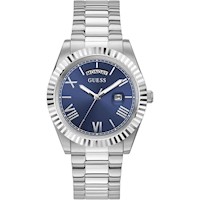 RELOJ ANALÓGICO GUESS CON PULSERA DE ACERO INOXIDABLE, DISEÑO AZUL Y PLATEADO,