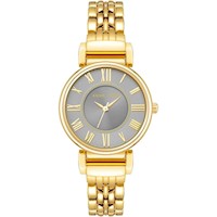 RELOJ FEMENINO ANNE KLEIN CON CORREA DORADA AJUSTABLE, ESFERA GRIS CON NÚMEROS