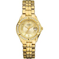 RELOJ GUESS DORADO PARA MUJER, BRAZALETE DE ACERO, DETALLES DE CRISTAL Y