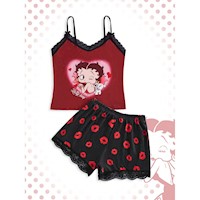 Romwe Set de pijama con top de encaje y shorts estampado Betty Boop