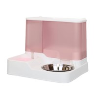 ALIMENTADOR DISPENSADOR DE COMIDA AUTOMÁTICO PARA GATOS Y PERROS DISEÑO TRANSPARENTE COLOR ROSADO + PLATO METÁLICO