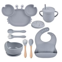 Set plato cangrejo babero cubiertos y vaso azul acero para bebe