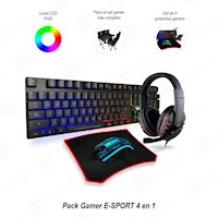 Pack Gamer E-SPORT 4 en 1: Teclado + Mouse + Audífonos + Mousepad