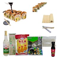 Set de Makis Unagi Tempura Alga Nori Arroz Glutinoso Vinagre Panko Salsa de Anguila Esterilla Palillos Descartable 8pza