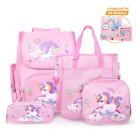 Mochila Kawaii 4 Piezas Diseño Unicornio RS KW4 con Ganchitos S47 de Regalo