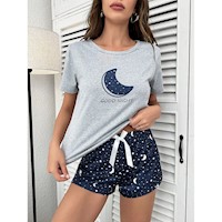 SHEIN Conjunto Pijama Camiseta Estampado Luna y Shorts Lazo