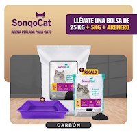 Arena para gato PERLAS CARBÓN 25 KG + REGALO 5KG + ARENERO