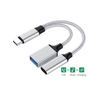 Adaptador OTG 2 en 1, transferencia de datos y carga para Celulares y Tablets gris