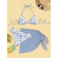 SHEIN Swim Mod Bañador bikini triángulo con estampado floral con falda de playa