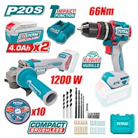 Combo Total TCKLI20256 Taladro Atornillador Percutor 66Nm + Amoladora 4.5″ 1200W 20V Brushless
