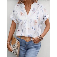 Emery Rose Blusa Casual Suelta con Estampado Floral y Cuello con Muesca