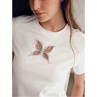 Moft Camiseta con Mariposa de Pedrería y Corte Frontal para Mujer