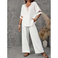 Emery Rose Conjunto de Blusa de Manga Larga y Pantalones Anchos para Otoño