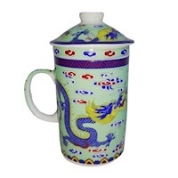 Taza Ceramica Con Filtro Oriental Dragones Fucang Long Nubes 3pza