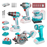 Taladro percutor 66nm + sierra circular + atornillador 285nm + lijadora y linterna Total