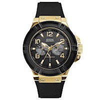 Reloj Guess Rigor U0247G6 Multifuncional Acero Inoxidable Dorado Correa de Silicona Negro